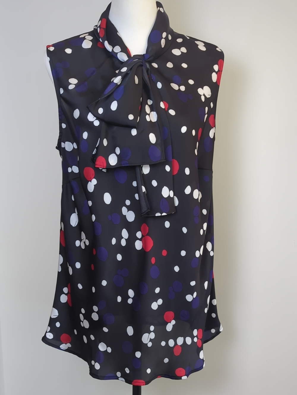 Nine West Polka Dot Sleeveless Tie Neck Bow Blouse Black Red Purple Tunic 1X